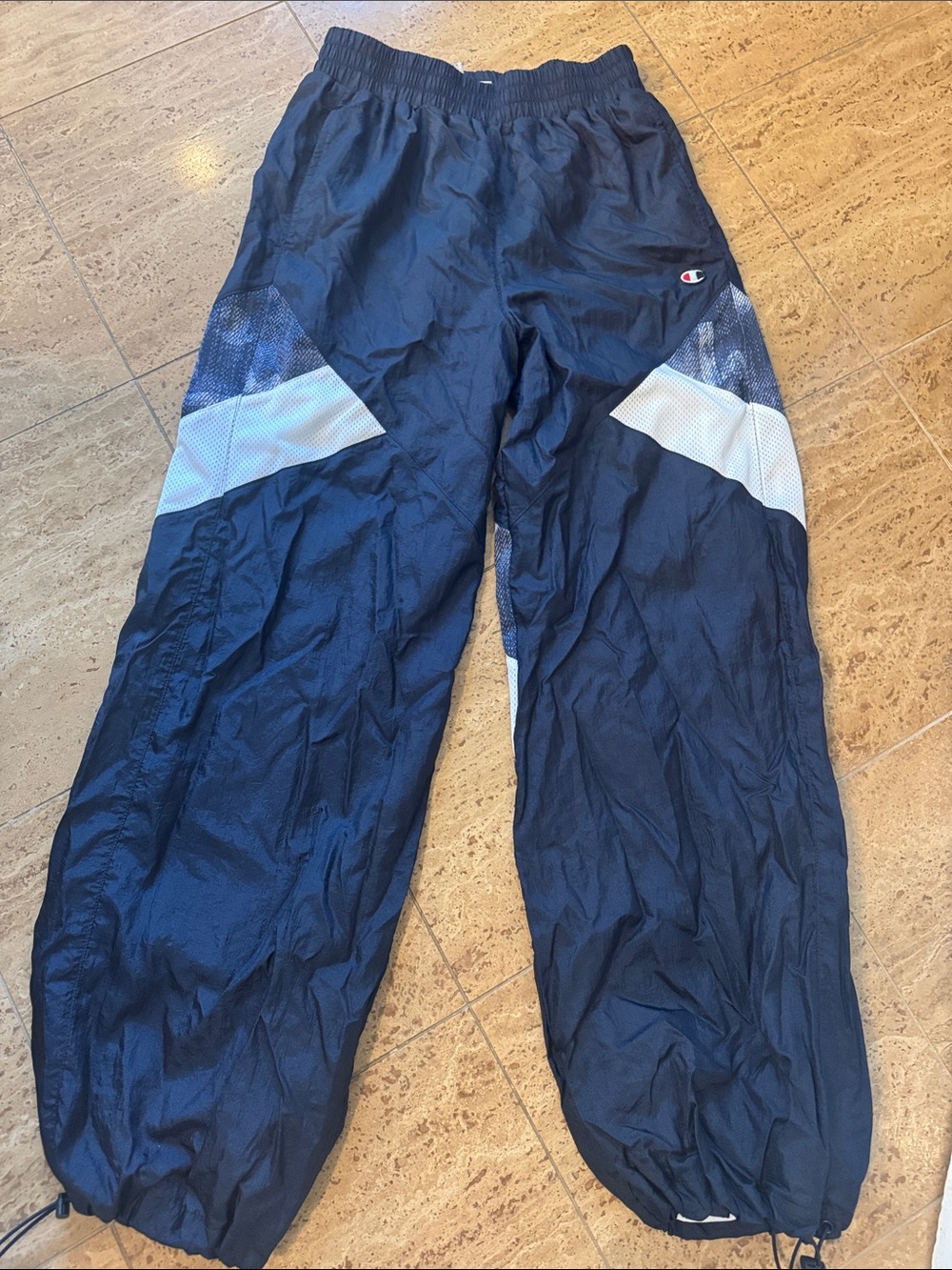 Champion Navy Track Pants with White Panels Retro Size S